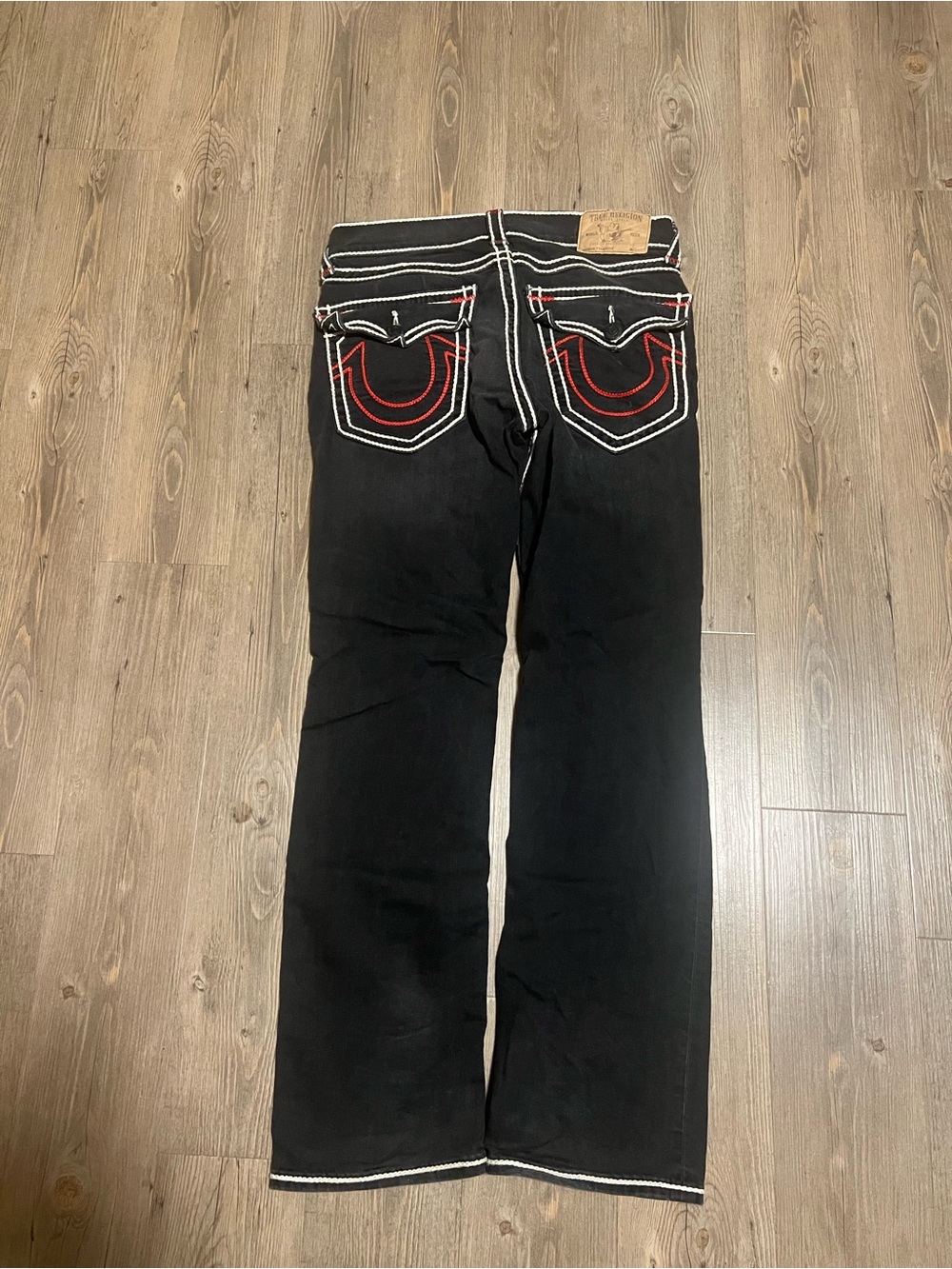 True Religion Black Jeans with White Contrast Stitching and Red Accents